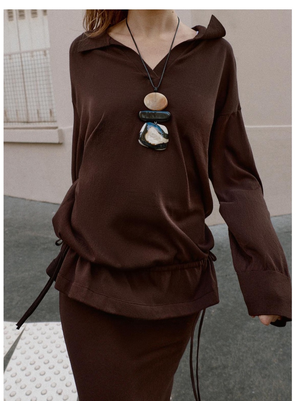 Zara Women’s Chocolate Brown Ruched Polo Collar Long Sleeve sweater